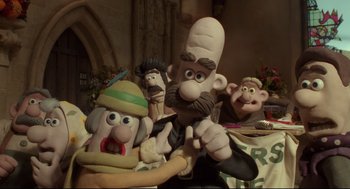 Movie still from “Wallace & Gromit: The Curse of the Were-Rabbit” (2005), directed by Nick Park – A group of cartoon characters are sitting together; Medium shot, Low angle