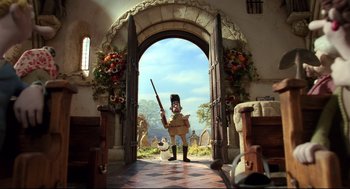 Movie still from “Wallace & Gromit: The Curse of the Were-Rabbit” (2005), directed by Nick Park – A toy soldier is standing at the entrance of a castle; Wide shot, Low angle