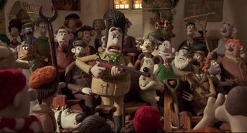 Movie still from “Wallace & Gromit: The Curse of the Were-Rabbit” (2005), directed by Nick Park – A group of people that are in a room; Medium shot, Over the shoulder angle