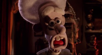 Movie still from “Wallace & Gromit: The Curse of the Were-Rabbit” (2005), directed by Nick Park – The head of a cartoon character; Close Up shot, Low angle