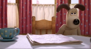 Movie still from “Wallace & Gromit: The Curse of the Were-Rabbit” (2005), directed by Nick Park – A stuffed animal on the table; Close Up shot, High angle
