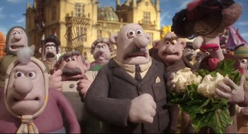 Movie still from “Wallace & Gromit: The Curse of the Were-Rabbit” (2005), directed by Nick Park – A group of people standing next to each other in front of a building; Medium shot, Over the shoulder angle