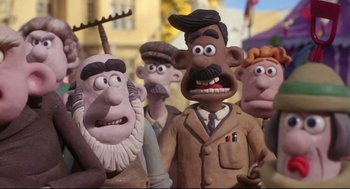 Movie still from “Wallace & Gromit: The Curse of the Were-Rabbit” (2005), directed by Nick Park – A group of cartoon characters; Close Up shot, Low angle