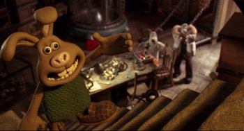Movie still from “Wallace & Gromit: The Curse of the Were-Rabbit” (2005), directed by Nick Park – A scene from the movie wallace and gromit's world of horribles; Medium shot, High angle