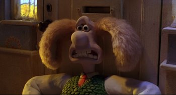Movie still from “Wallace & Gromit: The Curse of the Were-Rabbit” (2005), directed by Nick Park – The head of a cartoon character; Close Up shot, Low angle