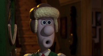 Movie still from “Wallace & Gromit: The Curse of the Were-Rabbit” (2005), directed by Nick Park – The head of wallace and gromit; Close Up shot, Low angle