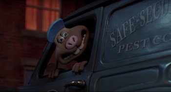 Movie still from “Wallace & Gromit: The Curse of the Were-Rabbit” (2005), directed by Nick Park – A cartoon dog looking out the window of a truck; Close Up shot, Low angle
