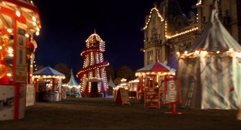Movie still from “Wallace & Gromit: The Curse of the Were-Rabbit” (2005), directed by Nick Park – A very tall tower that has lights around it; Extreme Wide shot, High angle