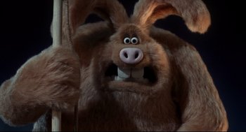 Movie still from “Wallace & Gromit: The Curse of the Were-Rabbit” (2005), directed by Nick Park – A stuffed animal wearing a mask; Close Up shot, Low angle