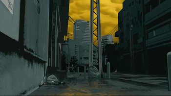 Movie still from “Waltz with Bashir” (2008), directed by Ari Folman – An artistic rendering of an urban area with a yellow sky in the background; Extreme Wide shot, Overhead angle