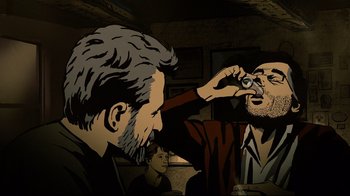 Movie still from “Waltz with Bashir” (2008), directed by Ari Folman – Two men in a room one is taking a picture of the other's face; Medium shot, Overhead angle