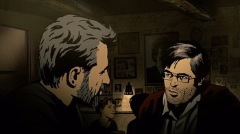 Movie still from “Waltz with Bashir” (2008), directed by Ari Folman – Two men are talking in a dark room; Medium shot, Over the shoulder angle