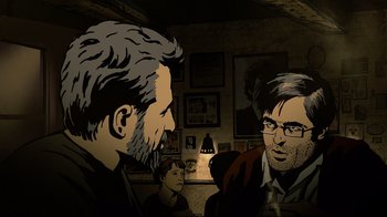 Movie still from “Waltz with Bashir” (2008), directed by Ari Folman – Two men are talking in a dark room; Medium shot, Over the shoulder angle