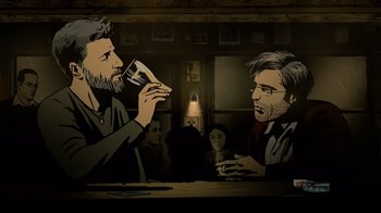 Movie still from “Waltz with Bashir” (2008), directed by Ari Folman – Two men sitting at a table drinking wine; Medium shot, Overhead angle