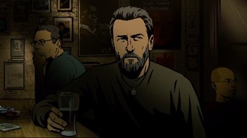 Movie still from “Waltz with Bashir” (2008), directed by Ari Folman – A man sitting at a table with a glass of wine; Medium shot, High angle