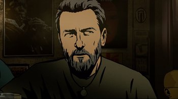 Movie still from “Waltz with Bashir” (2008), directed by Ari Folman – An illustration of a man with a long beard; Close Up shot, Low angle