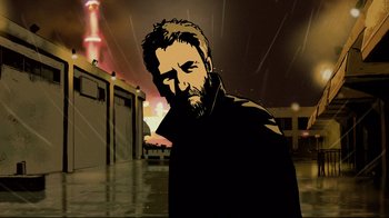 Movie still from “Waltz with Bashir” (2008), directed by Ari Folman – A man with a beard is standing in the rain; Close Up shot, Low angle