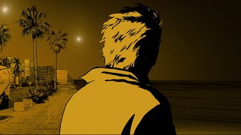 Movie still from “Waltz with Bashir” (2008), directed by Ari Folman – A man standing on the beach looking at the moon; Close Up shot, Low angle