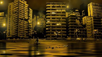 Movie still from “Waltz with Bashir” (2008), directed by Ari Folman – An artistic painting of a city at night; Extreme Wide shot, Low angle