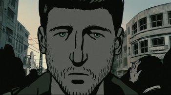 Movie still from “Waltz with Bashir” (2008), directed by Ari Folman – A man with a beard is looking at the camera; Close Up shot, Low angle