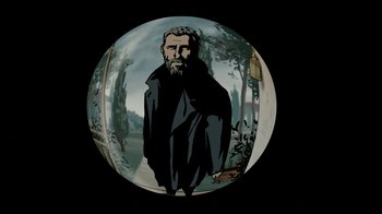 Movie still from “Waltz with Bashir” (2008), directed by Ari Folman – A man with a long beard is standing in front of a mirror; Medium shot, Overhead angle