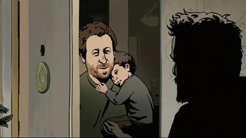 Movie still from “Waltz with Bashir” (2008), directed by Ari Folman – A man and a boy are looking at a mirror; Close Up shot, Over the shoulder angle