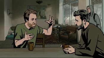 Movie still from “Waltz with Bashir” (2008), directed by Ari Folman – Two men sitting at a table talking to each other; Medium shot, Over the shoulder angle