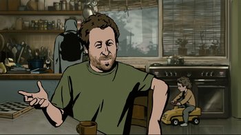 Movie still from “Waltz with Bashir” (2008), directed by Ari Folman – A man sitting at a table with a cup of coffee; Medium shot, Over the shoulder angle