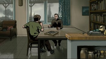 Movie still from “Waltz with Bashir” (2008), directed by Ari Folman – Two men are sitting at a table and one of the men is playing a game of chess; Wide shot, High angle