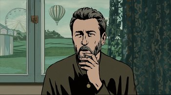 Movie still from “Waltz with Bashir” (2008), directed by Ari Folman – A man with his hand to his mouth; Close Up shot, Low angle