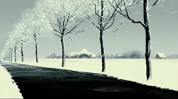 Movie still from “Waltz with Bashir” (2008), directed by Ari Folman – Trees in a snowy field with a church in the background; Extreme Wide shot, Low angle