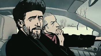 Movie still from “Waltz with Bashir” (2008), directed by Ari Folman – Two men sitting in the back seat of a car smoking a cigarette; Close Up shot, Low angle