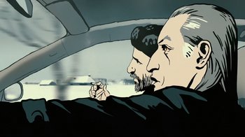 Movie still from “Waltz with Bashir” (2008), directed by Ari Folman – Two men are sitting in a car and one of them is smoking a cigarette; Close Up shot, Over the shoulder angle