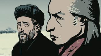 Movie still from “Waltz with Bashir” (2008), directed by Ari Folman – Two men are looking at one another in a painting; Close Up shot, Over the shoulder angle