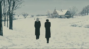 Movie still from “Waltz with Bashir” (2008), directed by Ari Folman – Two people are walking in the snow near a house; Wide shot, Low angle