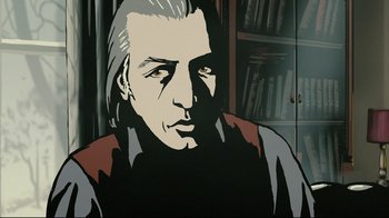 Movie still from “Waltz with Bashir” (2008), directed by Ari Folman – A painting of a man with long white hair; Close Up shot, Low angle
