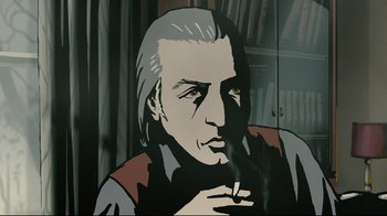 Movie still from “Waltz with Bashir” (2008), directed by Ari Folman – A painting of a man smoking a cigarette in front of a bookshelf; Close Up shot, Overhead angle