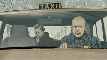 Movie still from “Waltz with Bashir” (2008), directed by Ari Folman – Two men in a taxi looking out of the window; Close Up shot, Low angle