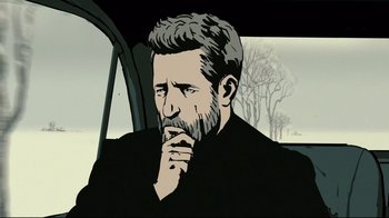 Movie still from “Waltz with Bashir” (2008), directed by Ari Folman – A man with a beard sitting in the back of a car; Close Up shot, Over the shoulder angle