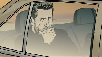 Movie still from “Waltz with Bashir” (2008), directed by Ari Folman – A man sitting in the back seat of a car; Close Up shot, Over the shoulder angle