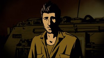 Movie still from “Waltz with Bashir” (2008), directed by Ari Folman – A man with a beard is standing in front of a wall; Close Up shot, High angle