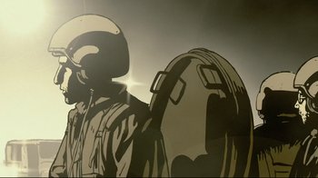 Movie still from “Waltz with Bashir” (2008), directed by Ari Folman – An image of a man in a helmet and a suit; Close Up shot, Low angle