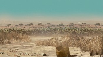 Movie still from “Waltz with Bashir” (2008), directed by Ari Folman – An oil painting of a field with a bunch of trees in the background; Extreme Wide shot, High angle