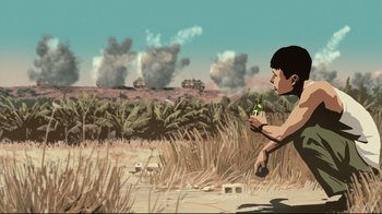 Movie still from “Waltz with Bashir” (2008), directed by Ari Folman – An animated scene of a young boy holding a bottle of beer; Wide shot, Low angle