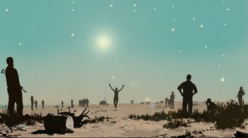 Movie still from “Waltz with Bashir” (2008), directed by Ari Folman – An image of a person jumping in the air in the desert; Extreme Wide shot, Low angle