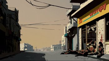 Movie still from “Waltz with Bashir” (2008), directed by Ari Folman – An illustration of an empty city street with buildings and wires overhead; Extreme Wide shot, High angle