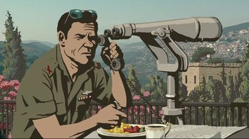 Movie still from “Waltz with Bashir” (2008), directed by Ari Folman – A man looking through binoculars at a bowl of fruit; Wide shot, Low angle