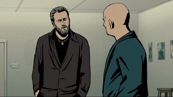 Movie still from “Waltz with Bashir” (2008), directed by Ari Folman – Two men are standing in a room and one of them has a beard; Medium shot, Over the shoulder angle