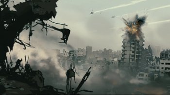 Movie still from “Waltz with Bashir” (2008), directed by Ari Folman – An image of an image of a war scene; Extreme Wide shot, Low angle