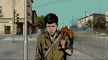 Movie still from “Waltz with Bashir” (2008), directed by Ari Folman – A man walking down the street holding a bag; Medium shot, Over the shoulder angle